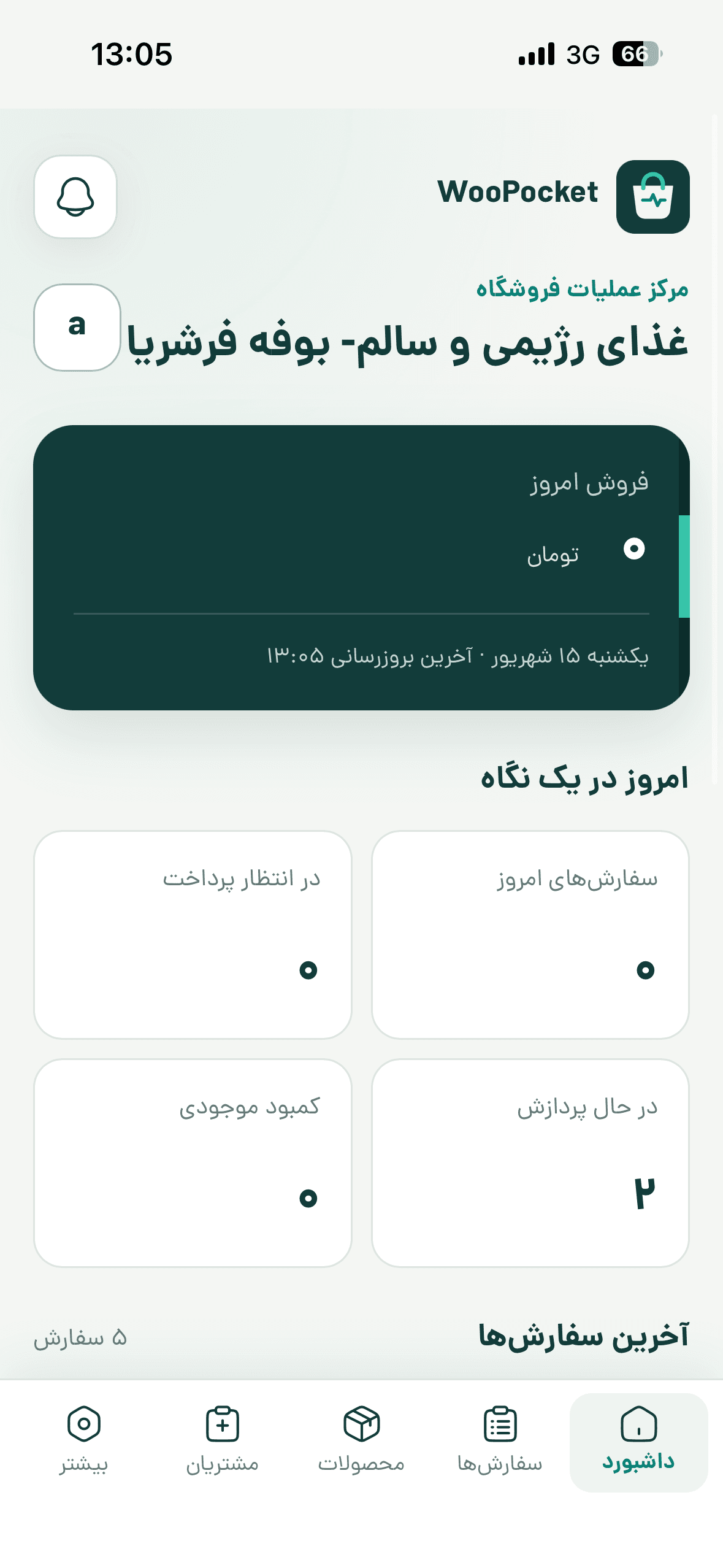 داشبورد WooPocket روی موبایل